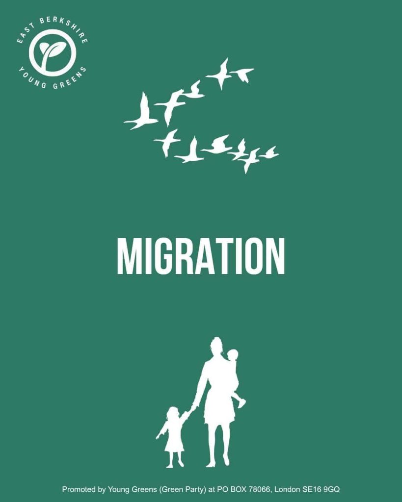 Cover photo of East Berkshire Young Greens' infographic set on migration. The author group's logo is in the top left; the title Migration is in the centre, with a flock of birds above and a young human family depicted below, both in silhouette. All images in this series feature white text and graphics on dark green background.