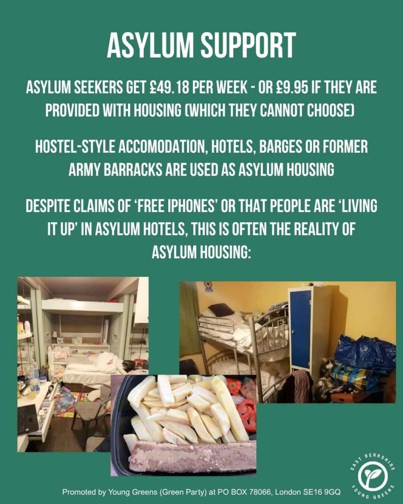 Slide 9-2 of East Berkshire Young Greens' infographic set on migration. Title: Asylum Support. Text: Asylum seekers get £49.18 per week - or £9.95 if they are provided with housing (which they cannot choose). Hostel-style accommodation, hotels, barges or former army barracks are used as asylum housing. Despite claims of 'free iPhones' or that people are 'living it up' in asylum hotels, this is often the reality of asylum housing: [Images of cramped, small rooms and poor-quality meals follow.]