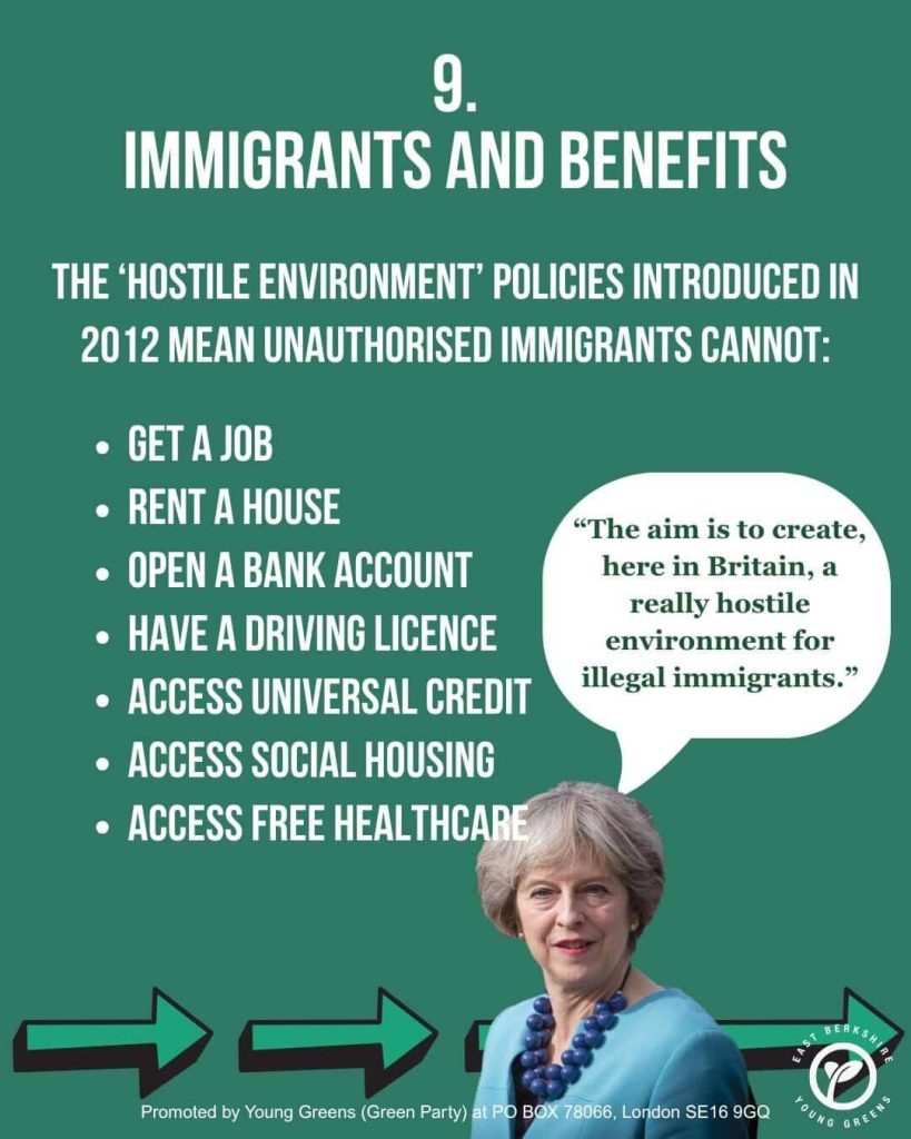 Slide 9 of East Berkshire Young Greens' infographic set on migration. Title: Immigrants and Benefits. Text: The 'hostile environment' policies introduced in 2012 mean unauthorised immigrants cannot: get a job; rent a house; open a bank account; have a driving licence; access universal credit; access social housing; access free healthcare. (Content warning: this slide contains an image of former Tory prime minister Theresa May.)